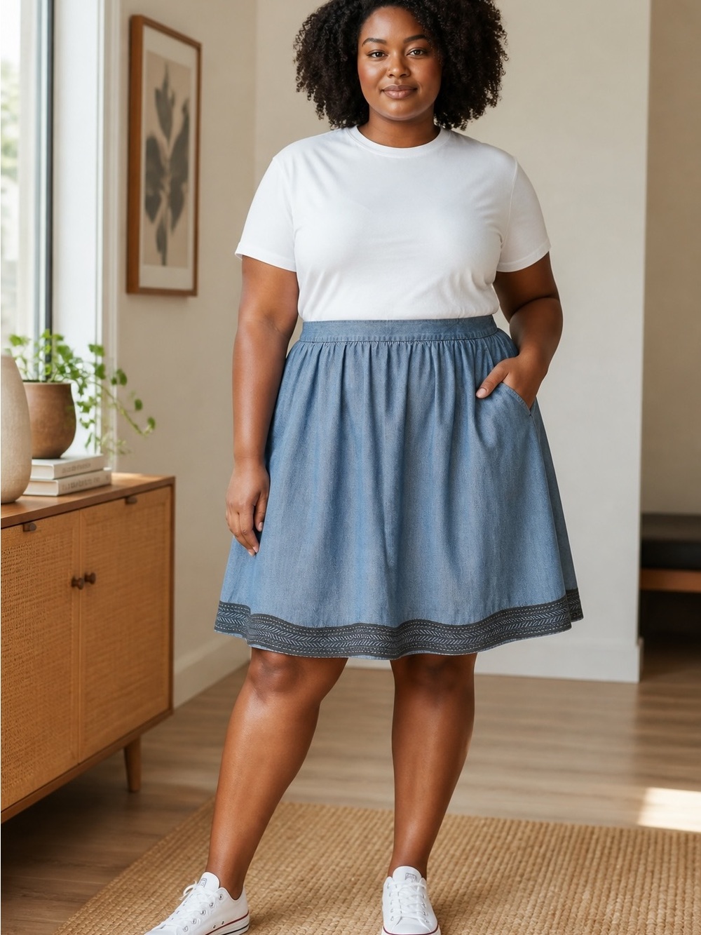 SIMONS Women's Blue Chambray A-Line  lyocell Skirt with Contrast Hem size 12